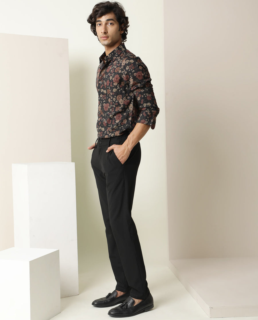 Rare Rabbit Men's Vynill Black Viscose Floral Print Regular Fit Full Sleeve Collared Shirt
