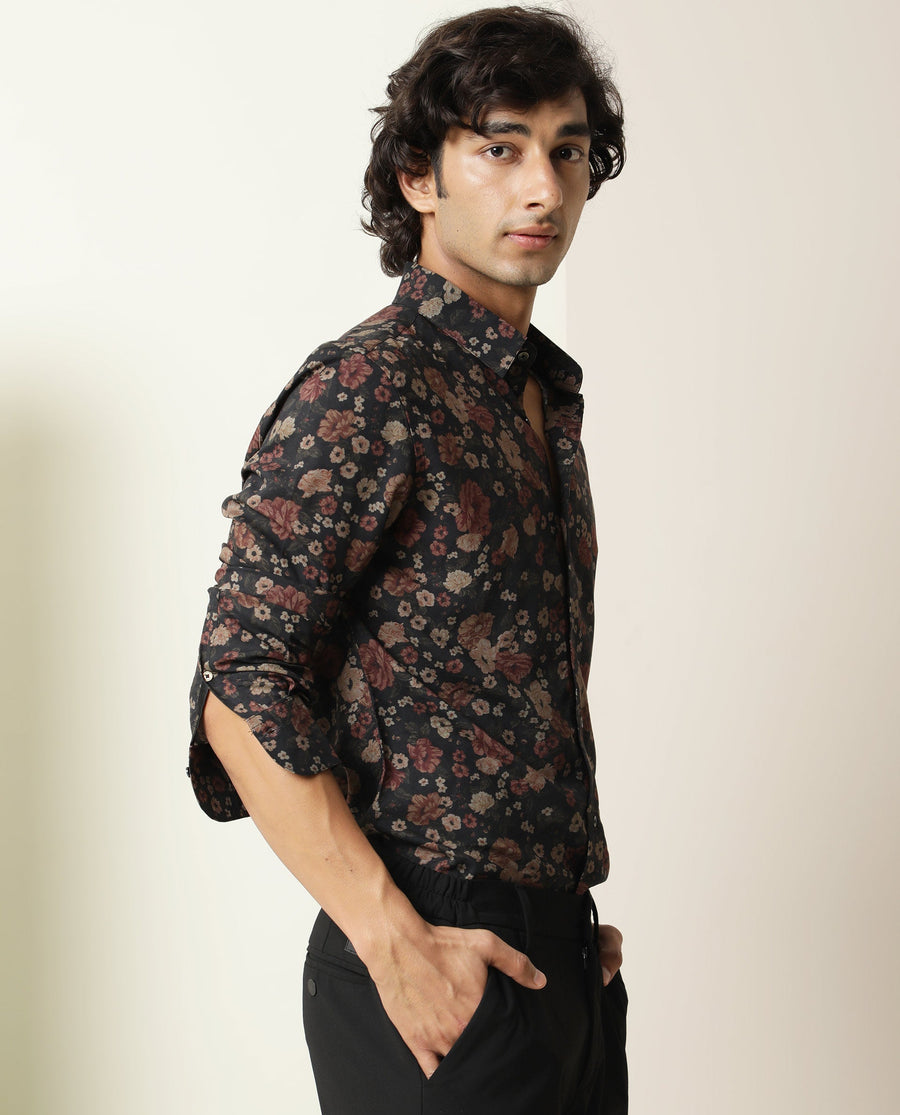 Rare Rabbit Men's Vynill Black Viscose Floral Print Regular Fit Full Sleeve Collared Shirt