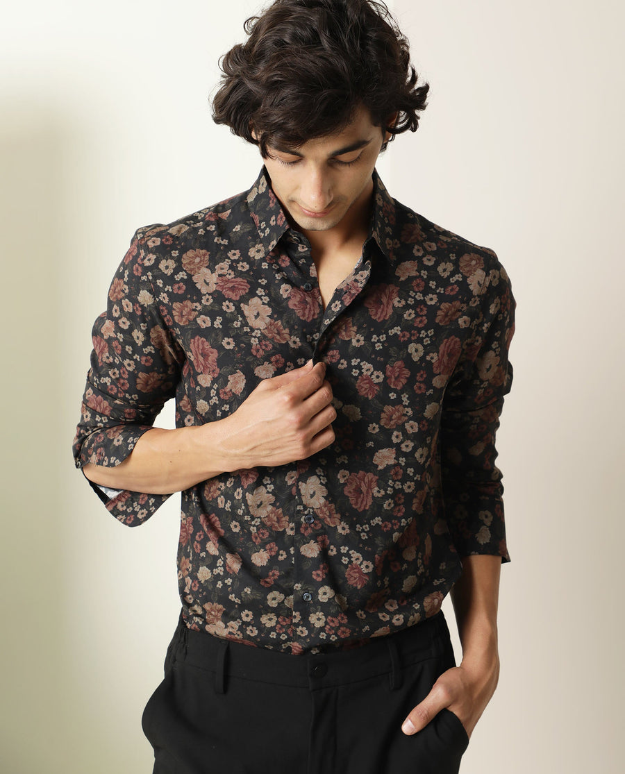 Rare Rabbit Men's Vynill Black Viscose Floral Print Regular Fit Full Sleeve Collared Shirt