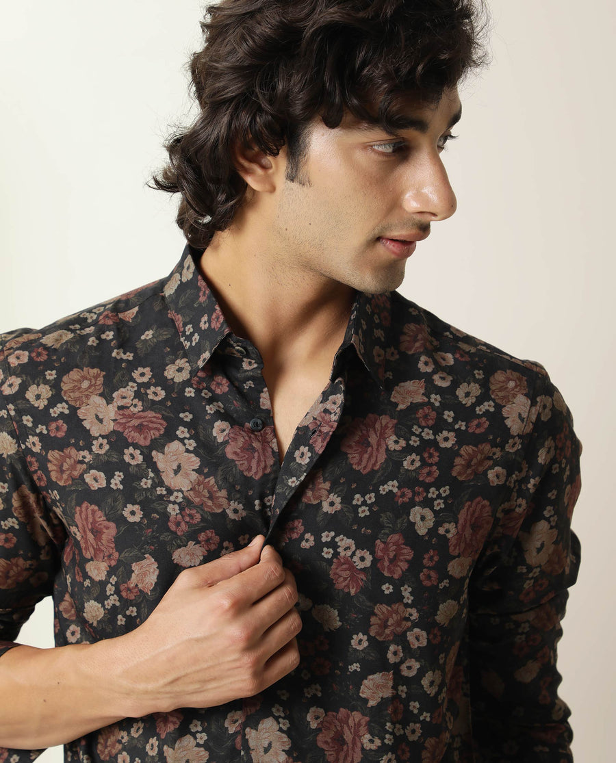 Rare Rabbit Men's Vynill Black Viscose Floral Print Regular Fit Full Sleeve Collared Shirt