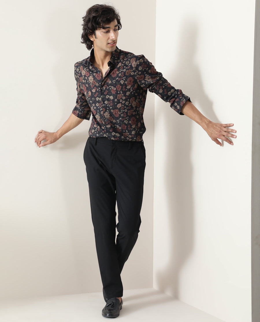 Rare Rabbit Men's Vynill Black Viscose Floral Print Regular Fit Full Sleeve Collared Shirt