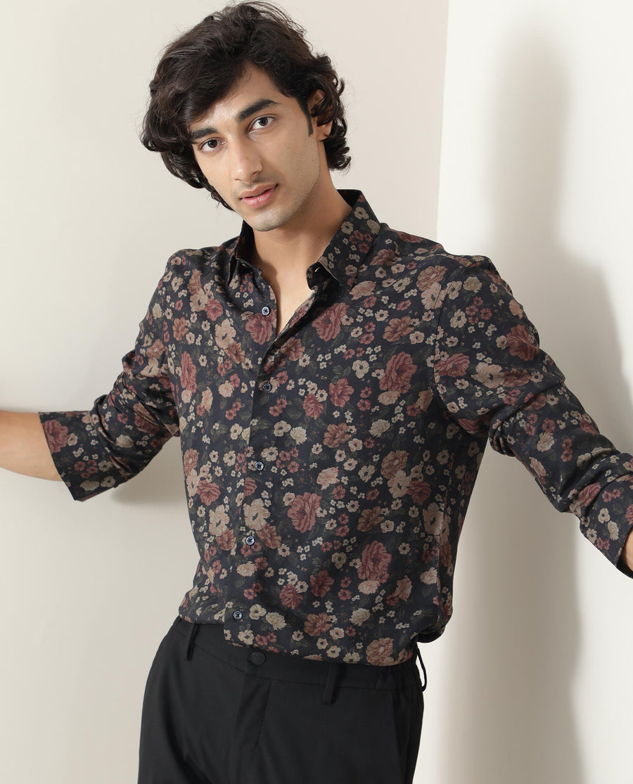 Rare Rabbit Men's Vynill Black Viscose Floral Print Regular Fit Full Sleeve Collared Shirt