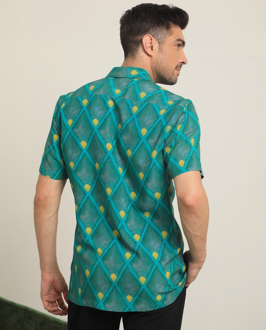 Rare Rabbit Men's Diam Dusky Green Viscose Geometric Print Regular Fit Half Sleeve Collared Shirt