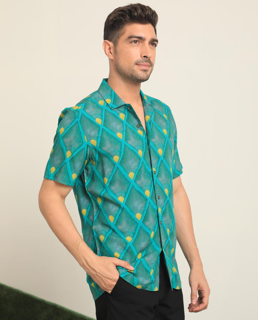Rare Rabbit Men's Diam Dusky Green Viscose Geometric Print Regular Fit Half Sleeve Collared Shirt
