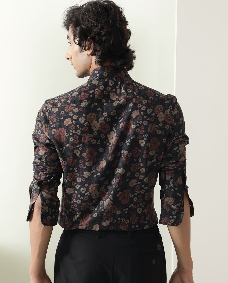 Rare Rabbit Men's Vynill Black Viscose Floral Print Regular Fit Full Sleeve Collared Shirt
