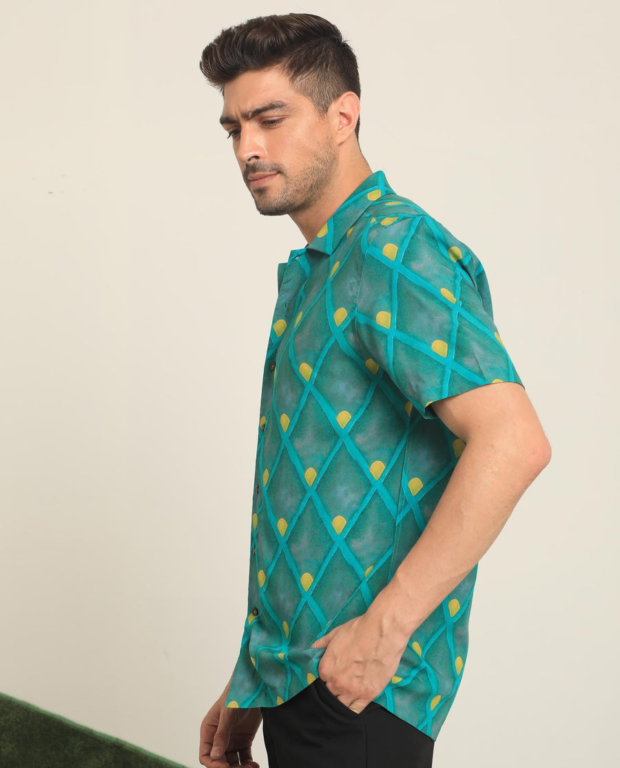 Rare Rabbit Men's Diam Dusky Green Viscose Geometric Print Regular Fit Half Sleeve Collared Shirt