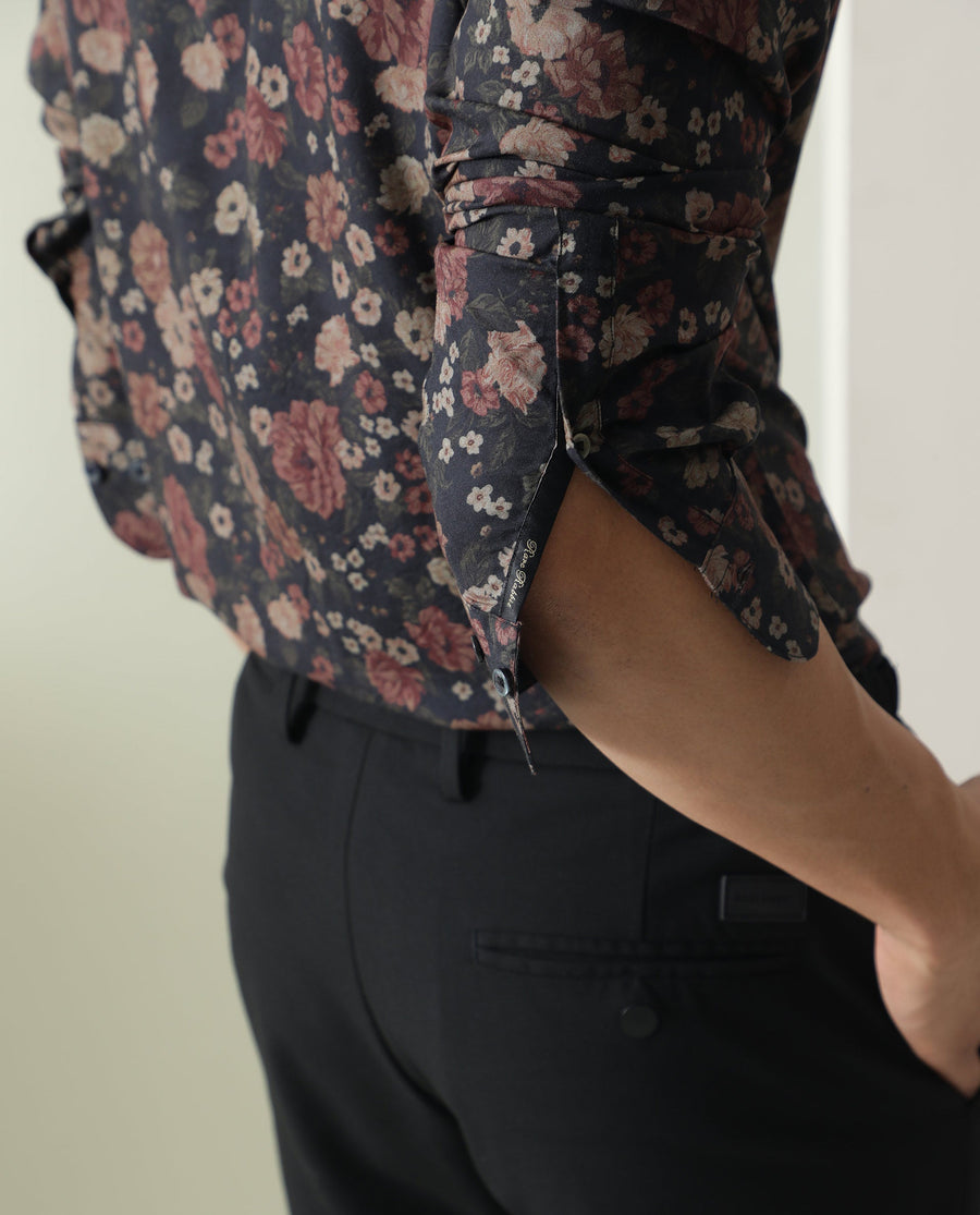 Rare Rabbit Men's Vynill Black Viscose Floral Print Regular Fit Full Sleeve Collared Shirt