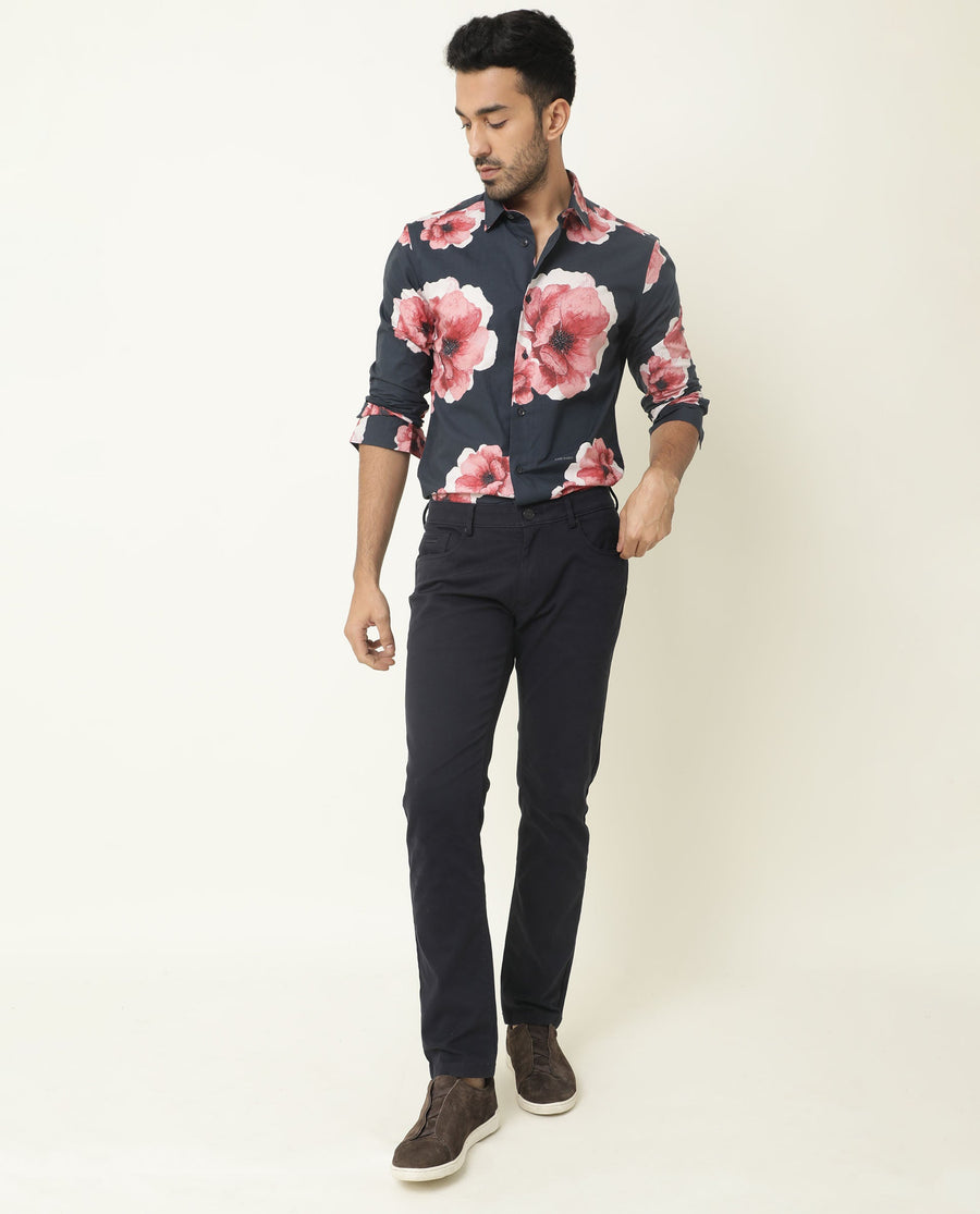 Rare Rabbit Men's Nethers Navy Cotton Floral Print Regular Fit Full Sleeve Collared Shirt