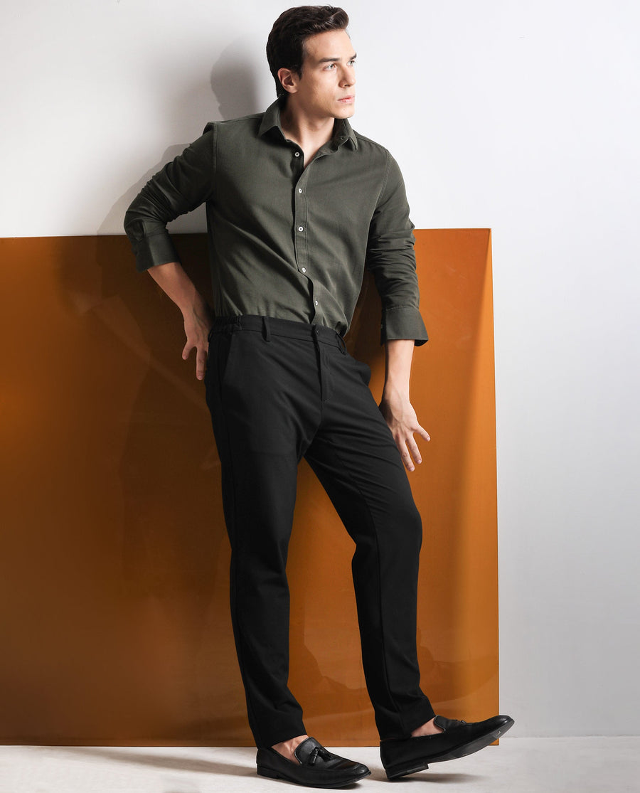 Rare Rabbit Men's Otago Olive Cotton Plain Regular Fit Full Sleeve Collared Shirt