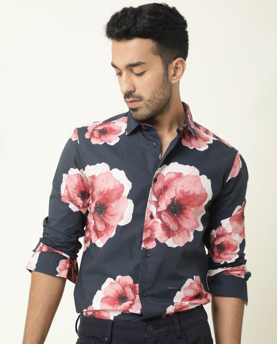 Rare Rabbit Men's Nethers Navy Cotton Floral Print Regular Fit Full Sleeve Collared Shirt