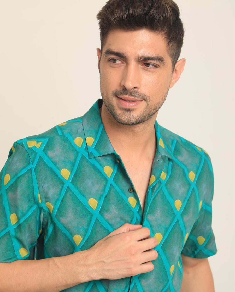 Rare Rabbit Men's Diam Dusky Green Viscose Geometric Print Regular Fit Half Sleeve Collared Shirt