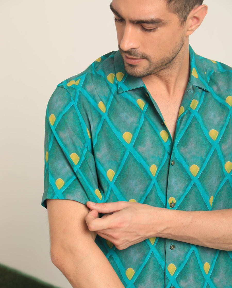 Rare Rabbit Men's Diam Dusky Green Viscose Geometric Print Regular Fit Half Sleeve Collared Shirt