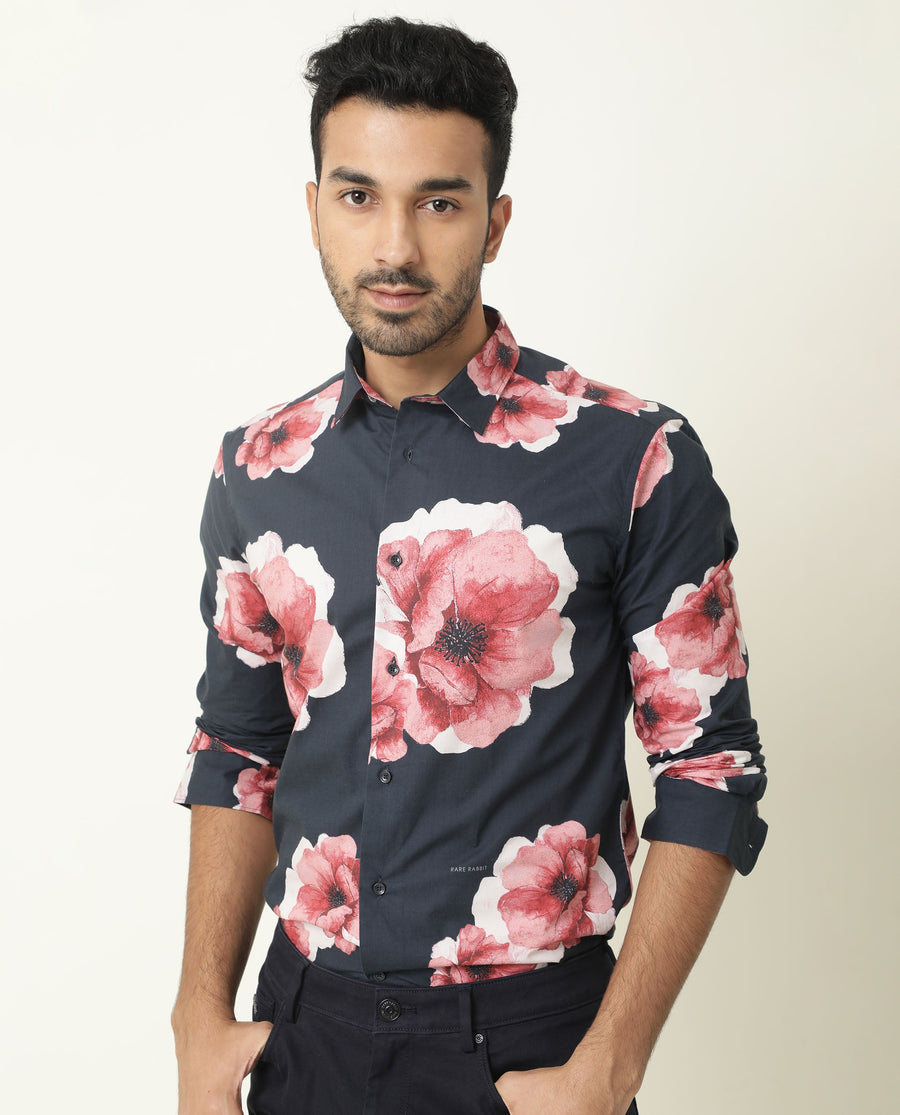 Rare Rabbit Men's Nethers Navy Cotton Floral Print Regular Fit Full Sleeve Collared Shirt