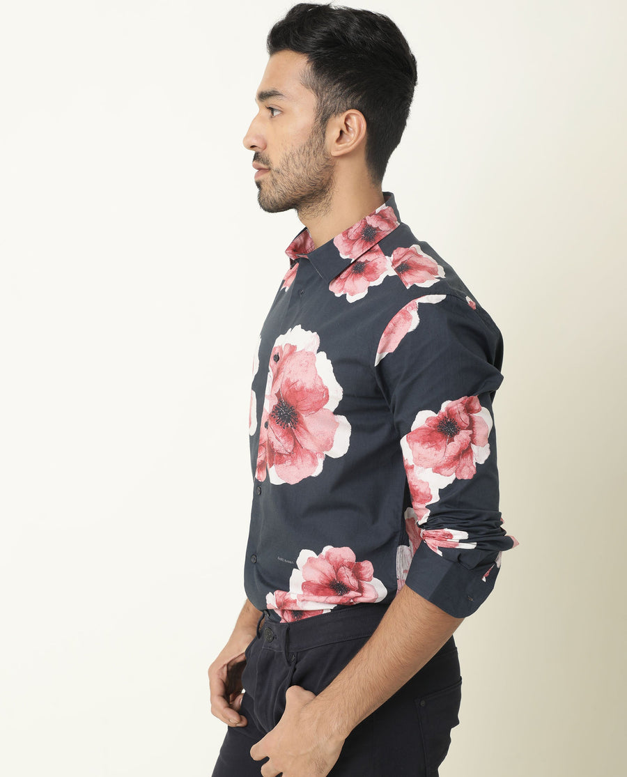 Rare Rabbit Men's Nethers Navy Cotton Floral Print Regular Fit Full Sleeve Collared Shirt