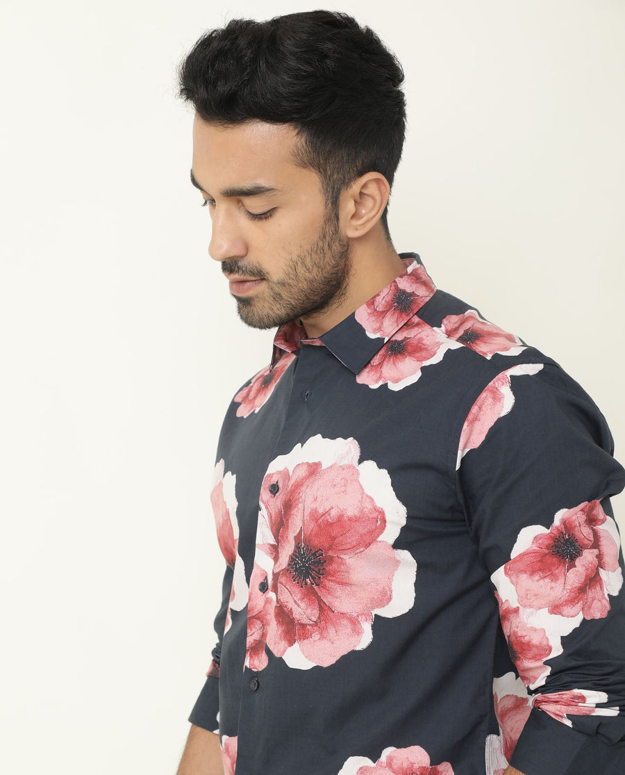 Rare Rabbit Men's Nethers Navy Cotton Floral Print Regular Fit Full Sleeve Collared Shirt