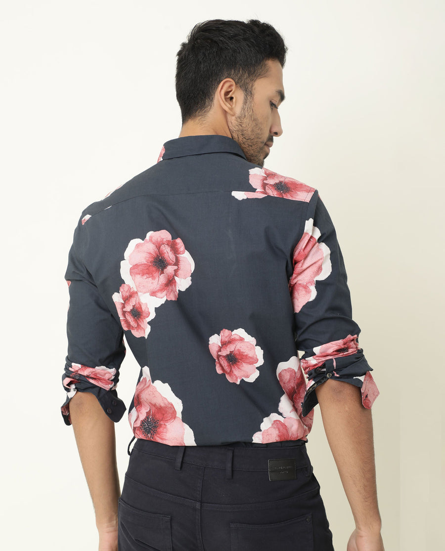 Rare Rabbit Men's Nethers Navy Cotton Floral Print Regular Fit Full Sleeve Collared Shirt