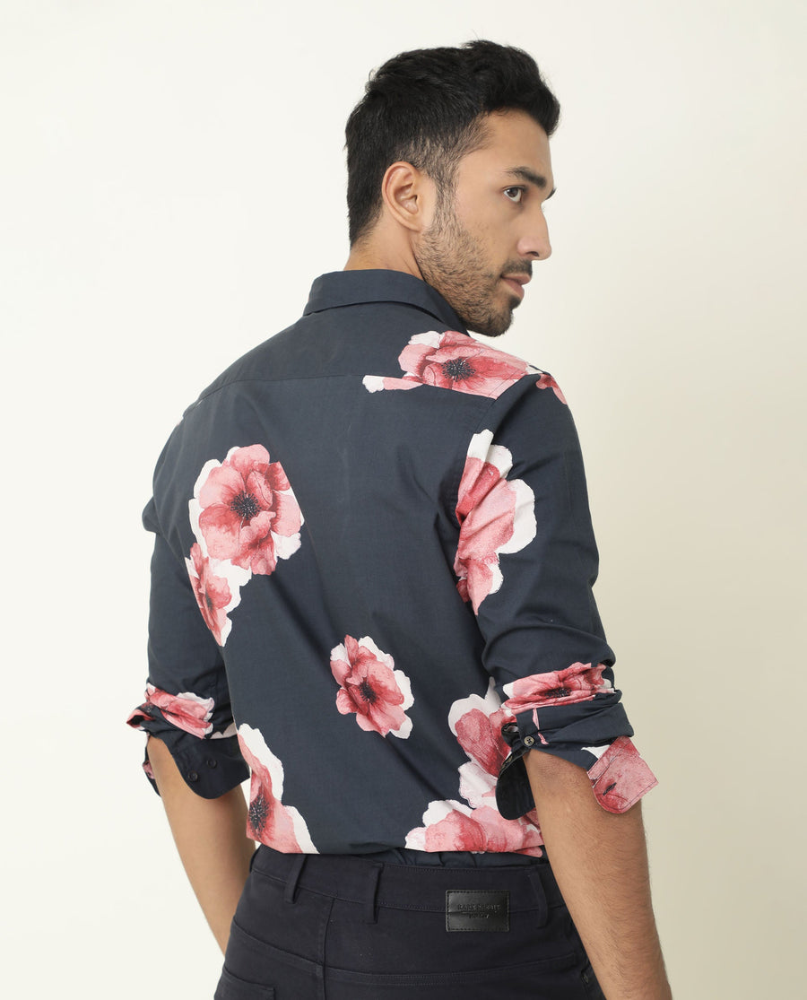 Rare Rabbit Men's Nethers Navy Cotton Floral Print Regular Fit Full Sleeve Collared Shirt