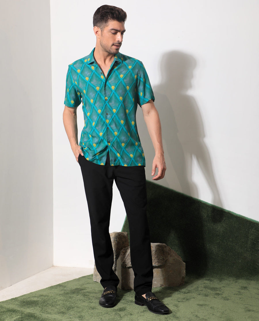 Rare Rabbit Men's Diam Dusky Green Viscose Geometric Print Regular Fit Half Sleeve Collared Shirt