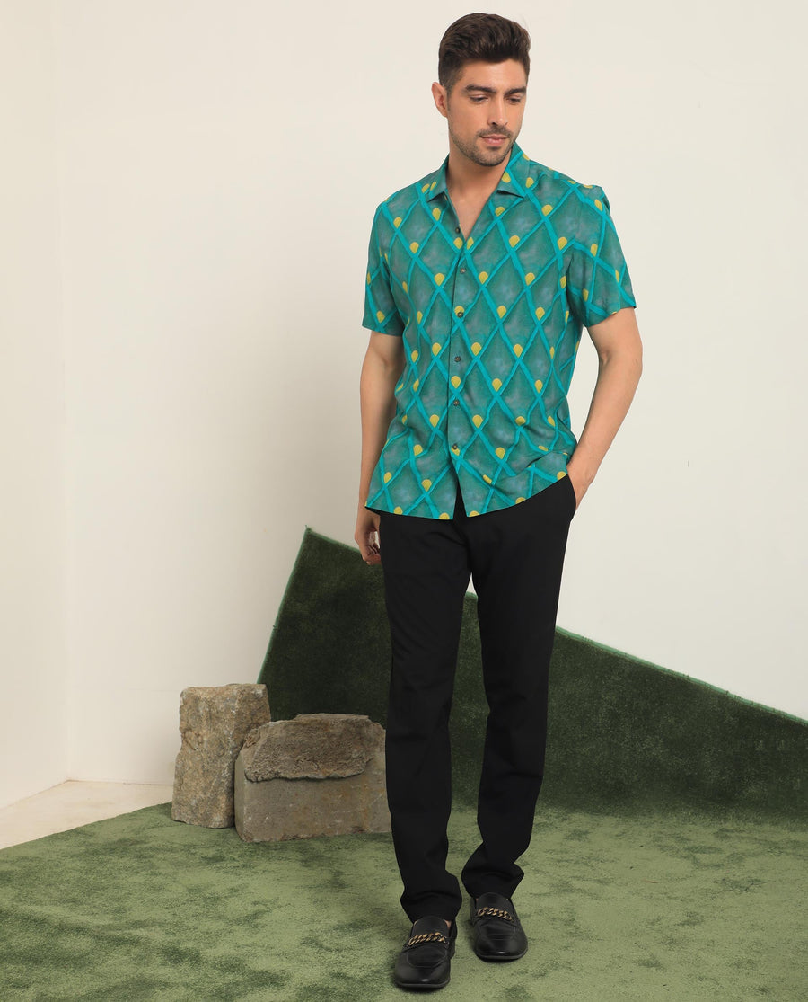 Rare Rabbit Men's Diam Dusky Green Viscose Geometric Print Regular Fit Half Sleeve Collared Shirt