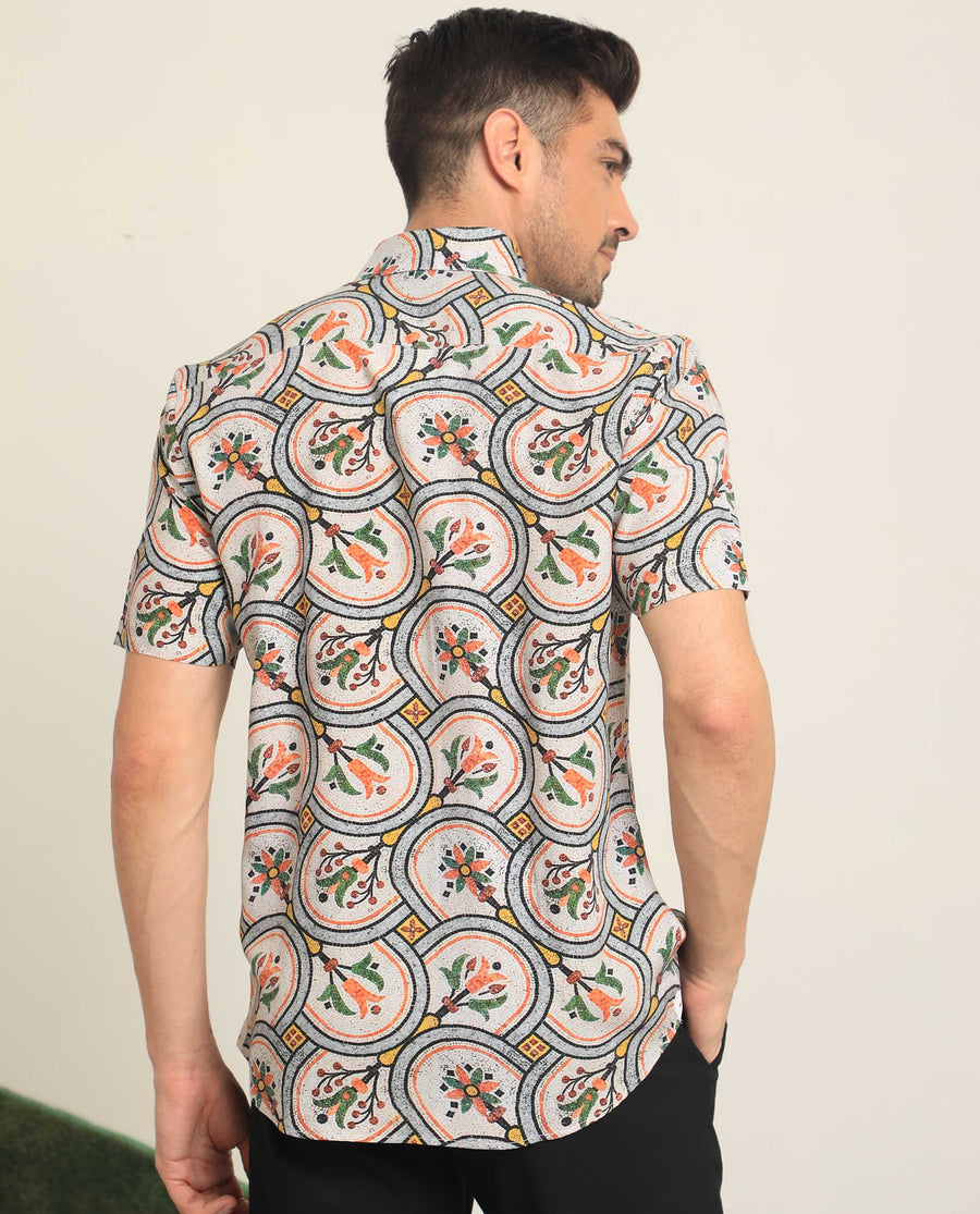 Rare Rabbit Men's Tiles Multi Viscose Floral Print Regular Fit Half Sleeve Collared Shirt