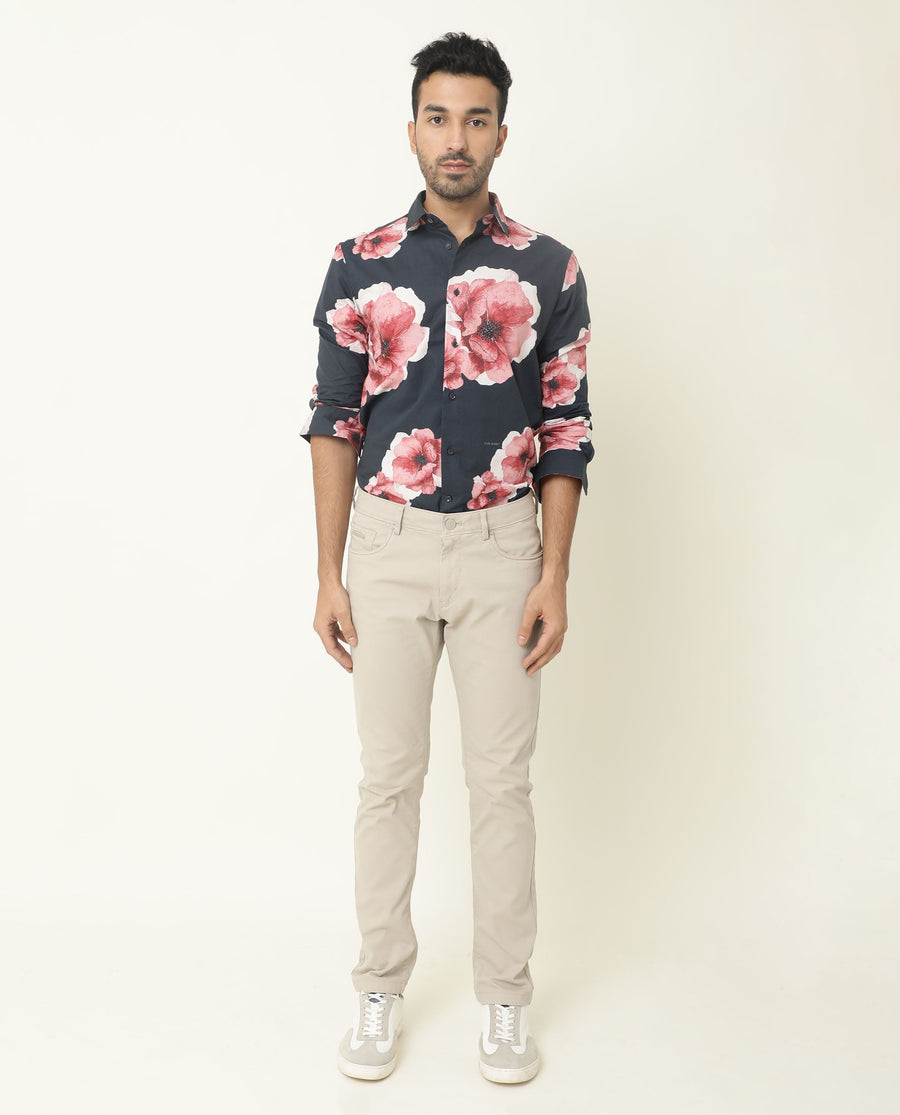 Rare Rabbit Men's Nethers Navy Cotton Floral Print Regular Fit Full Sleeve Collared Shirt