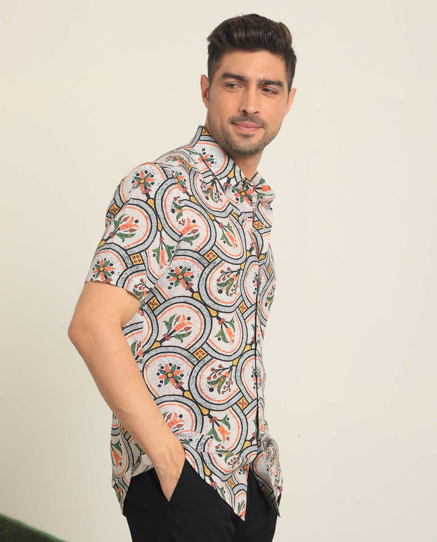 Rare Rabbit Men's Tiles Multi Viscose Floral Print Regular Fit Half Sleeve Collared Shirt