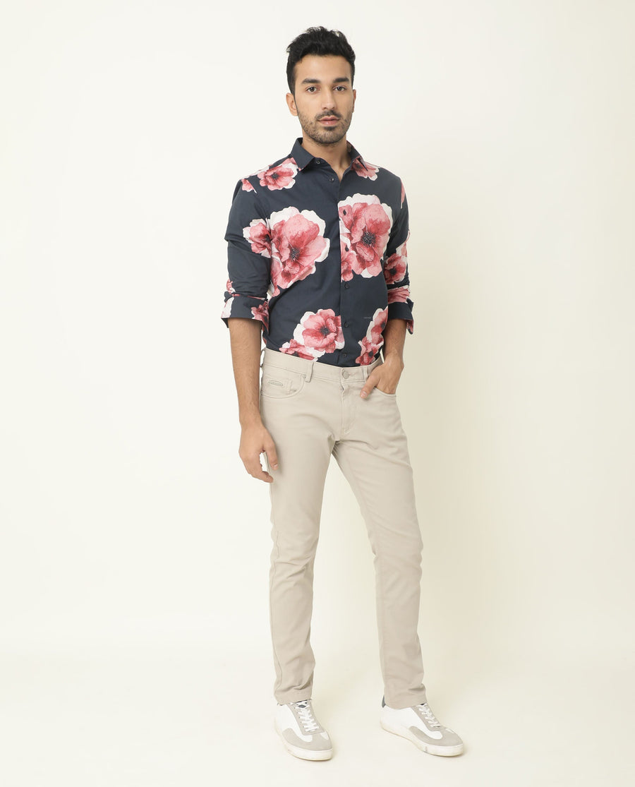 Rare Rabbit Men's Nethers Navy Cotton Floral Print Regular Fit Full Sleeve Collared Shirt
