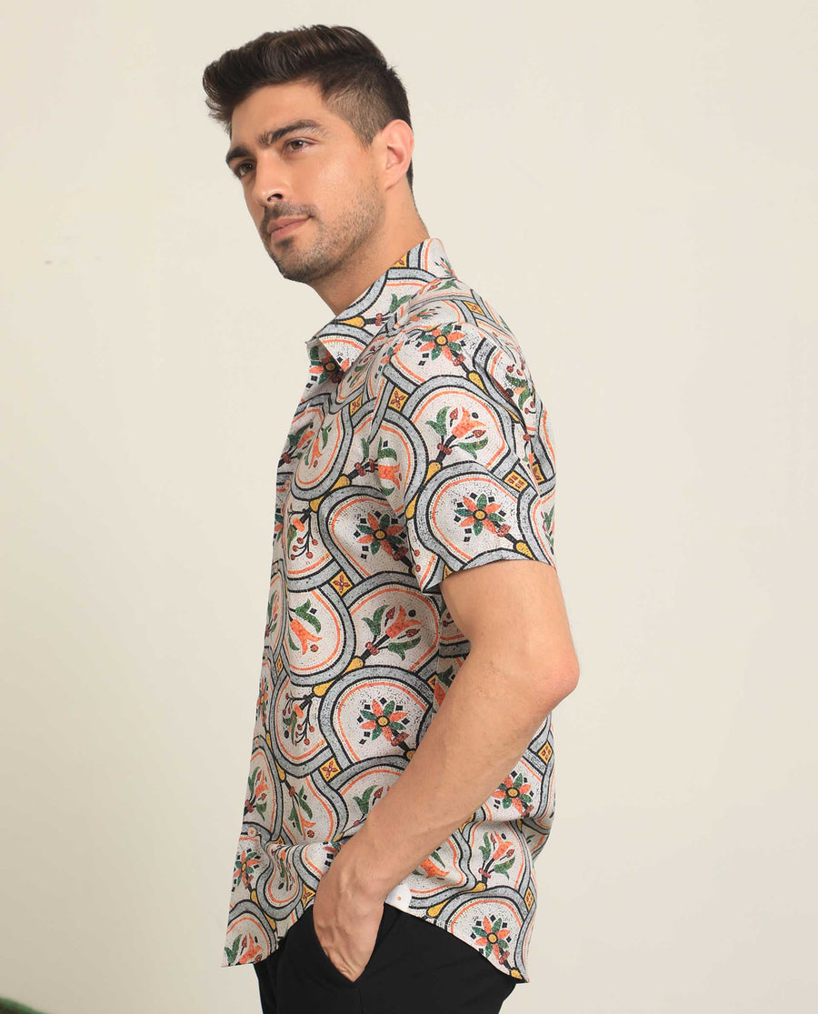 Rare Rabbit Men's Tiles Multi Viscose Floral Print Regular Fit Half Sleeve Collared Shirt
