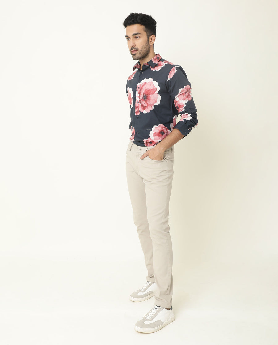 Rare Rabbit Men's Nethers Navy Cotton Floral Print Regular Fit Full Sleeve Collared Shirt