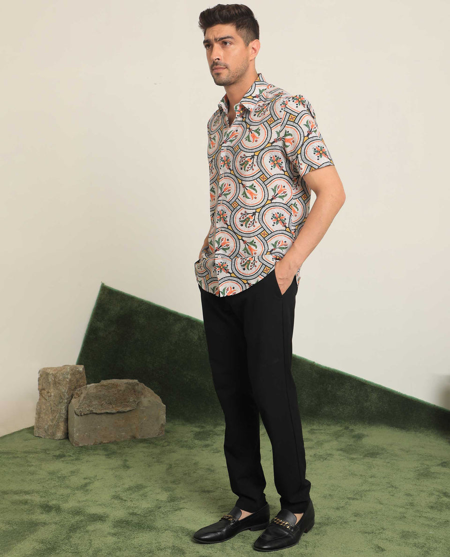 Rare Rabbit Men's Tiles Multi Viscose Floral Print Regular Fit Half Sleeve Collared Shirt