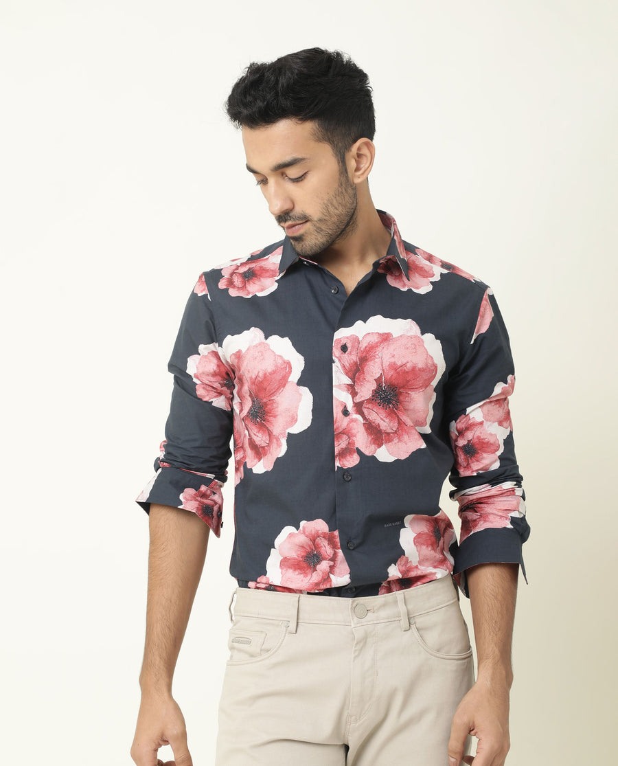 Rare Rabbit Men's Nethers Navy Cotton Floral Print Regular Fit Full Sleeve Collared Shirt
