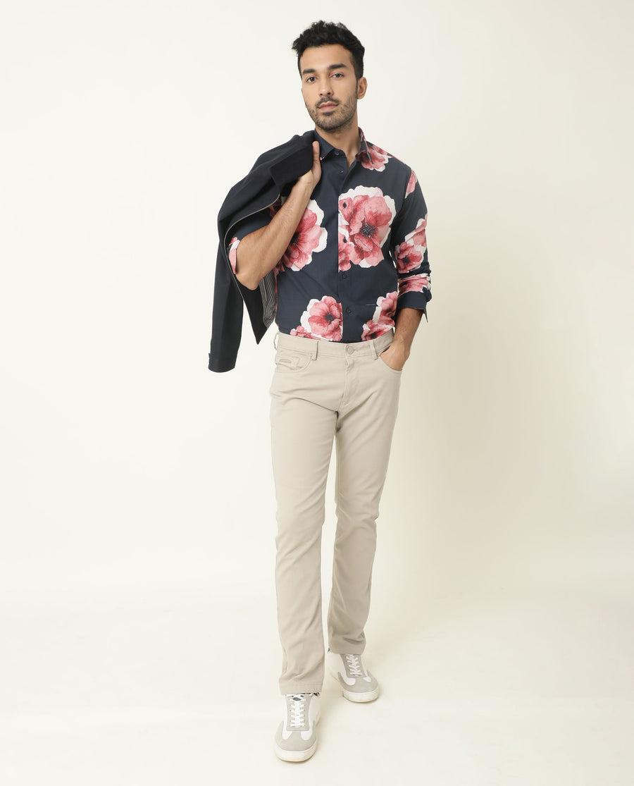 Rare Rabbit Men's Nethers Navy Cotton Floral Print Regular Fit Full Sleeve Collared Shirt