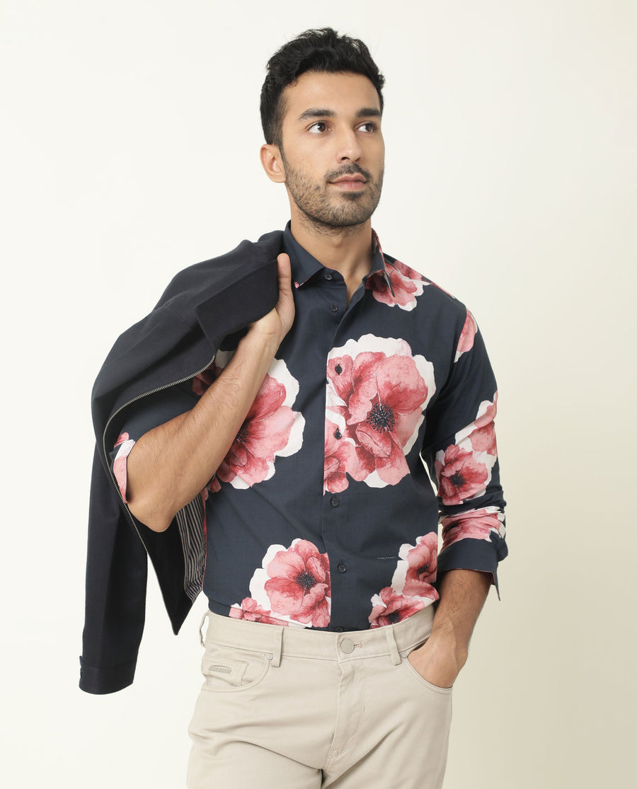 Rare Rabbit Men's Nethers Navy Cotton Floral Print Regular Fit Full Sleeve Collared Shirt