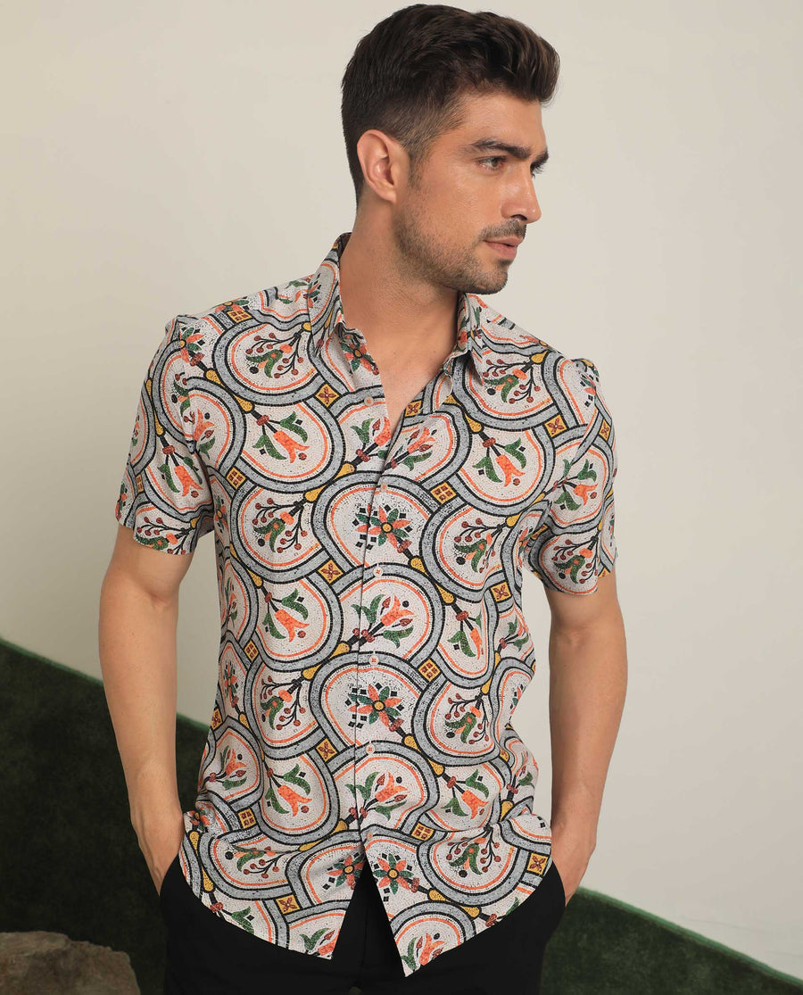 Rare Rabbit Men's Tiles Multi Viscose Floral Print Regular Fit Half Sleeve Collared Shirt