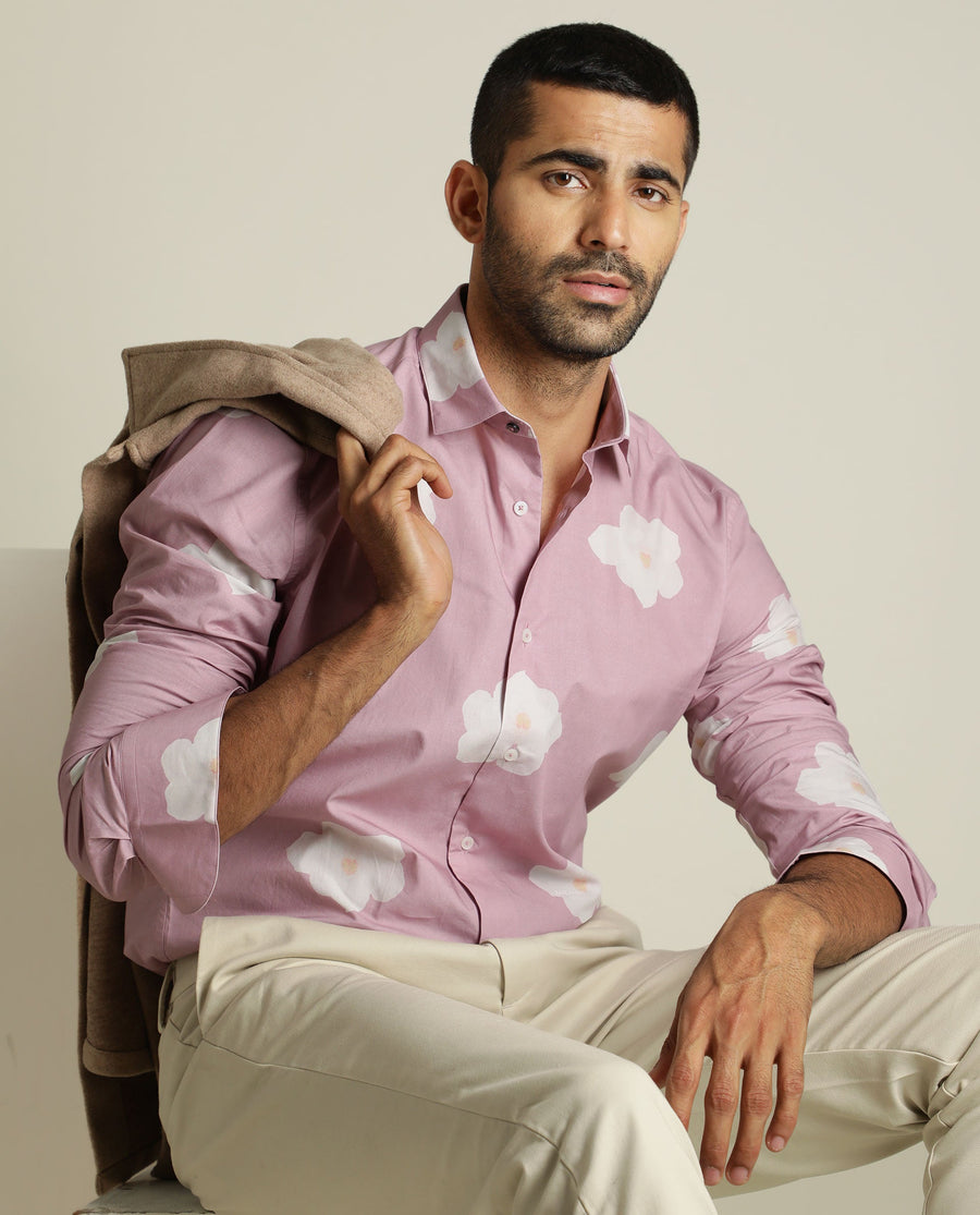 Rare Rabbit Men's Cromer Purple Cotton Floral Print Regular Fit Full Sleeve Collared Shirt