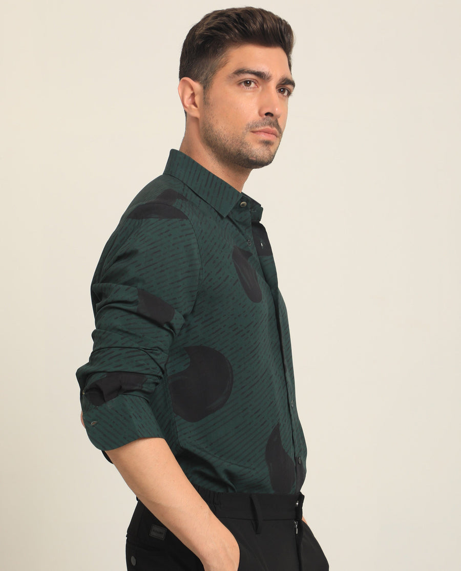 Rare Rabbit Men's Palme Dark Green Viscose Abstract Print Regular Fit Full Sleeve Collared Shirt