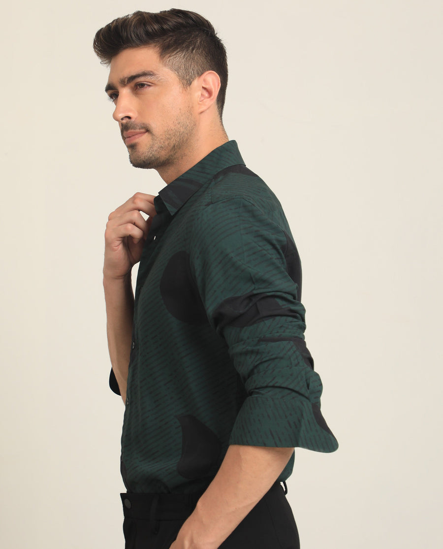 Rare Rabbit Men's Palme Dark Green Viscose Abstract Print Regular Fit Full Sleeve Collared Shirt
