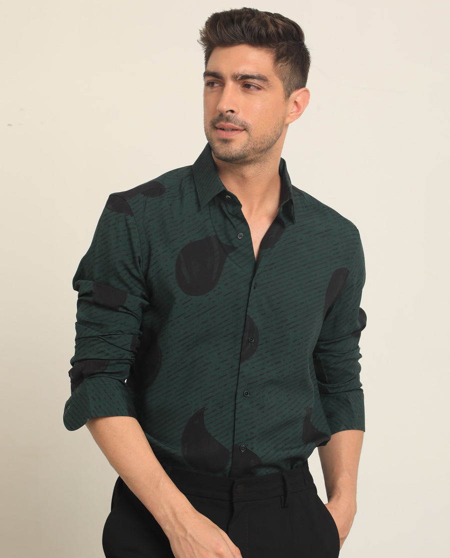 Rare Rabbit Men's Palme Dark Green Viscose Abstract Print Regular Fit Full Sleeve Collared Shirt