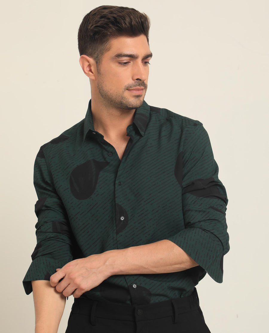 Rare Rabbit Men's Palme Dark Green Viscose Abstract Print Regular Fit Full Sleeve Collared Shirt