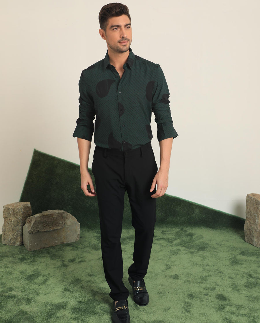 Rare Rabbit Men's Palme Dark Green Viscose Abstract Print Regular Fit Full Sleeve Collared Shirt