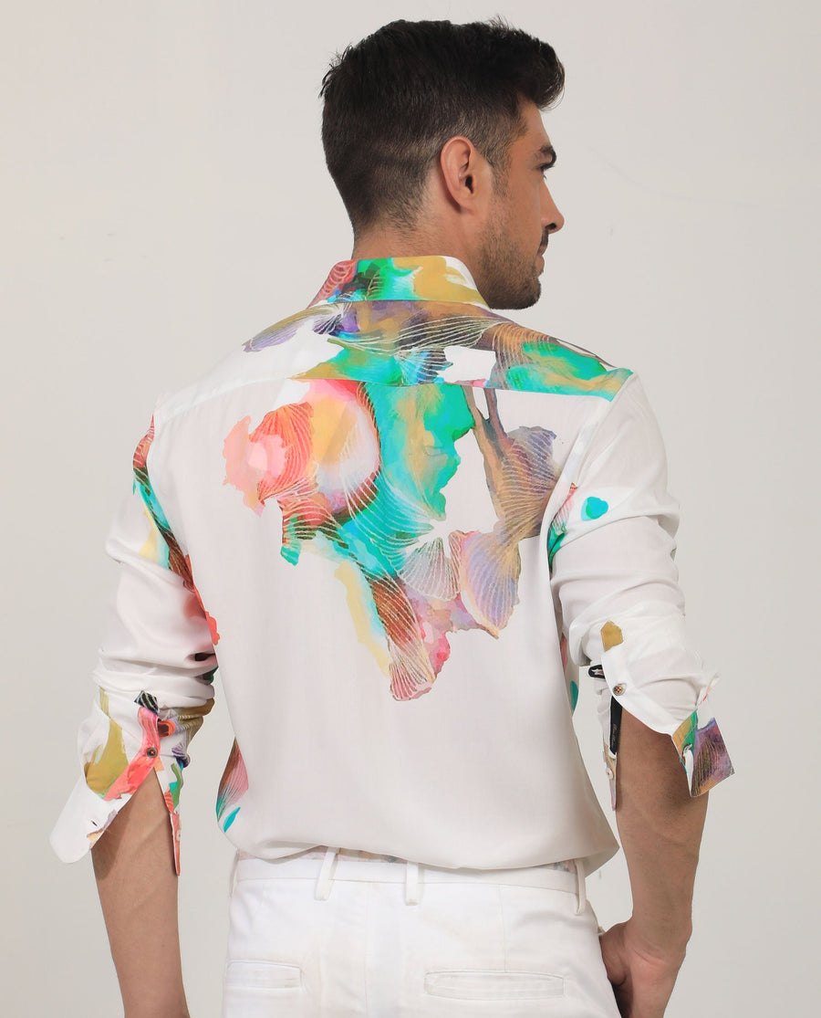 Rare Rabbit Men's Painter White Viscose Abstract Print Regular Fit Full Sleeve Collared Shirt