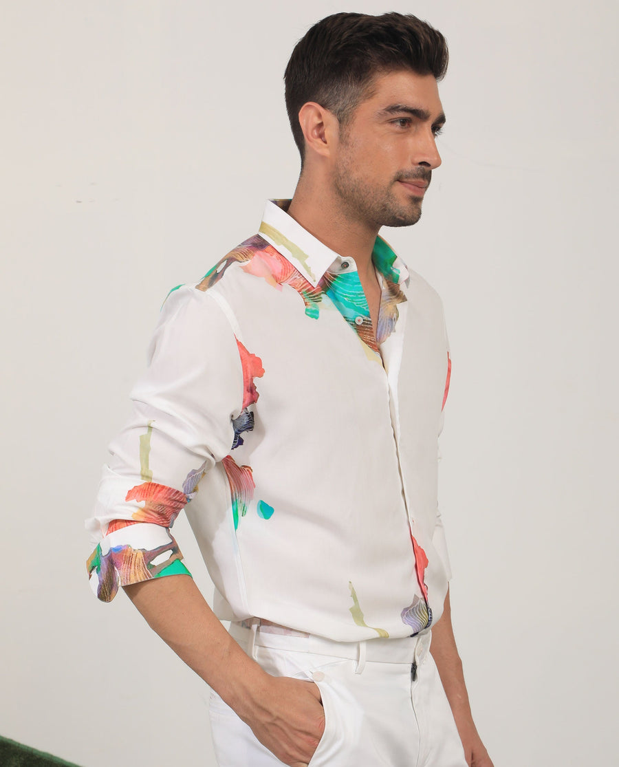 Rare Rabbit Men's Painter White Viscose Abstract Print Regular Fit Full Sleeve Collared Shirt