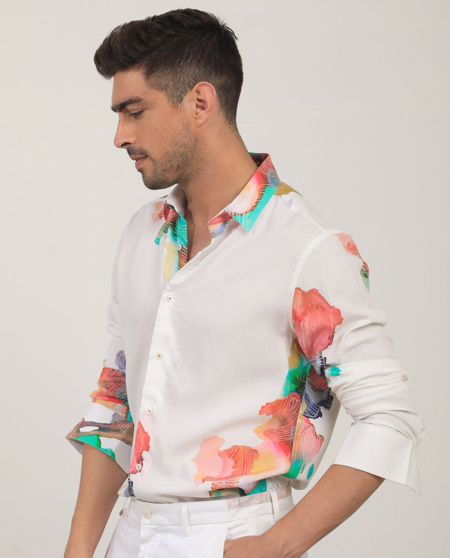 Rare Rabbit Men's Painter White Viscose Abstract Print Regular Fit Full Sleeve Collared Shirt