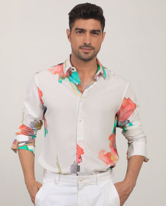 Rare Rabbit Men's Painter White Viscose Abstract Print Regular Fit Full Sleeve Collared Shirt