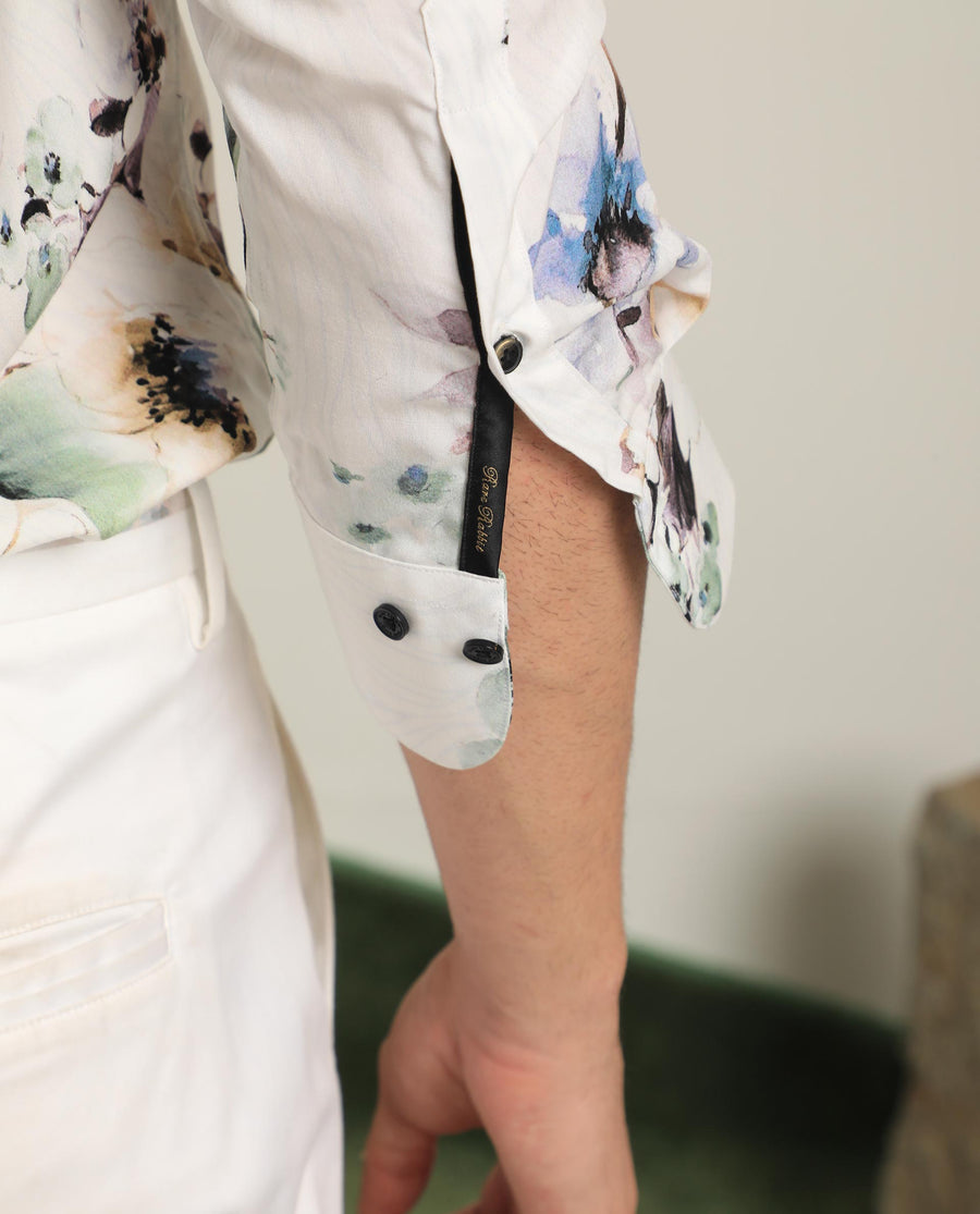 Rare Rabbit Men's Flowey White Viscose Floral Print Regular Fit Full Sleeve Collared Shirt
