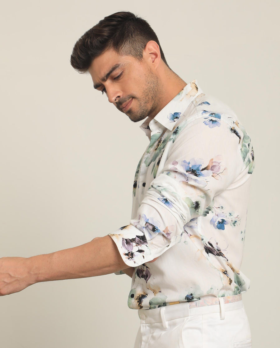 Rare Rabbit Men's Flowey White Viscose Floral Print Regular Fit Full Sleeve Collared Shirt