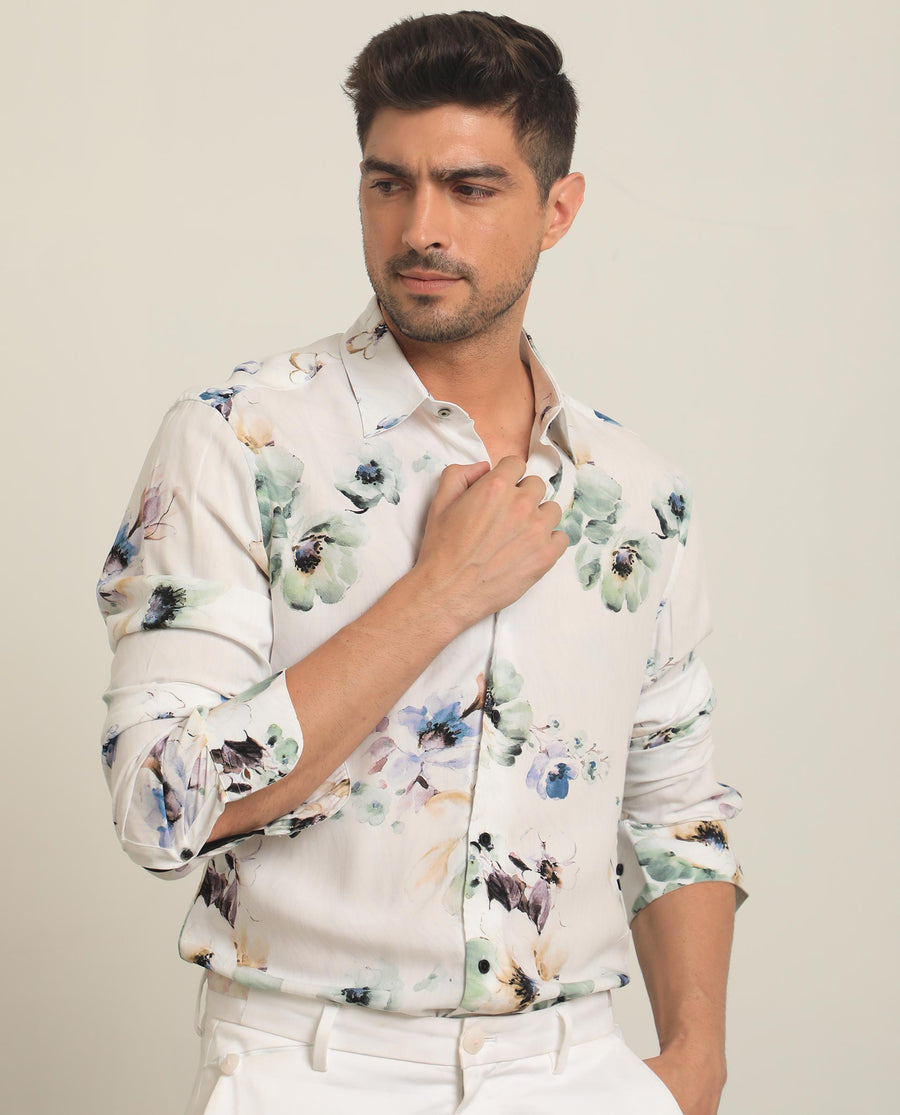Rare Rabbit Men's Flowey White Viscose Floral Print Regular Fit Full Sleeve Collared Shirt