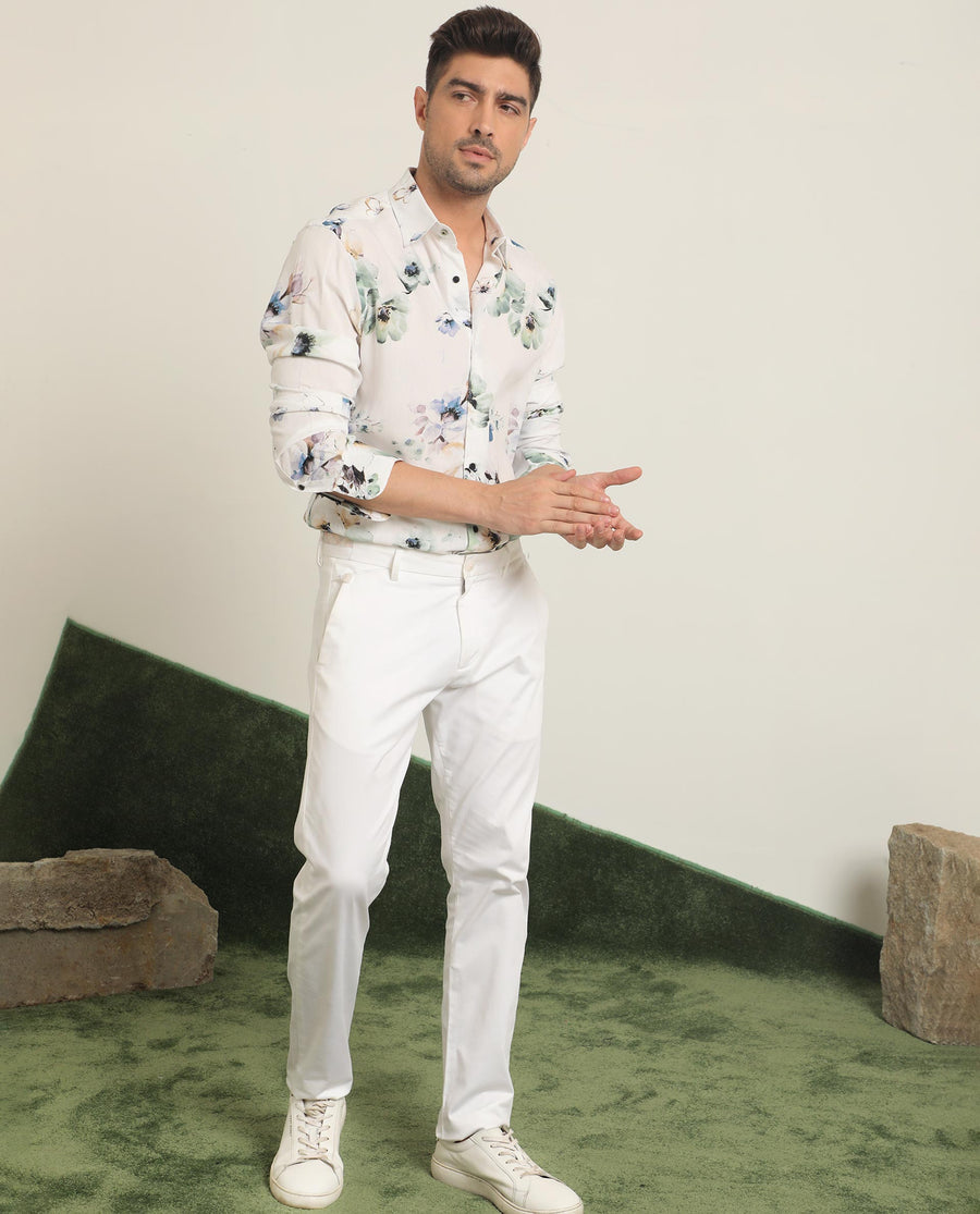 Rare Rabbit Men's Flowey White Viscose Floral Print Regular Fit Full Sleeve Collared Shirt