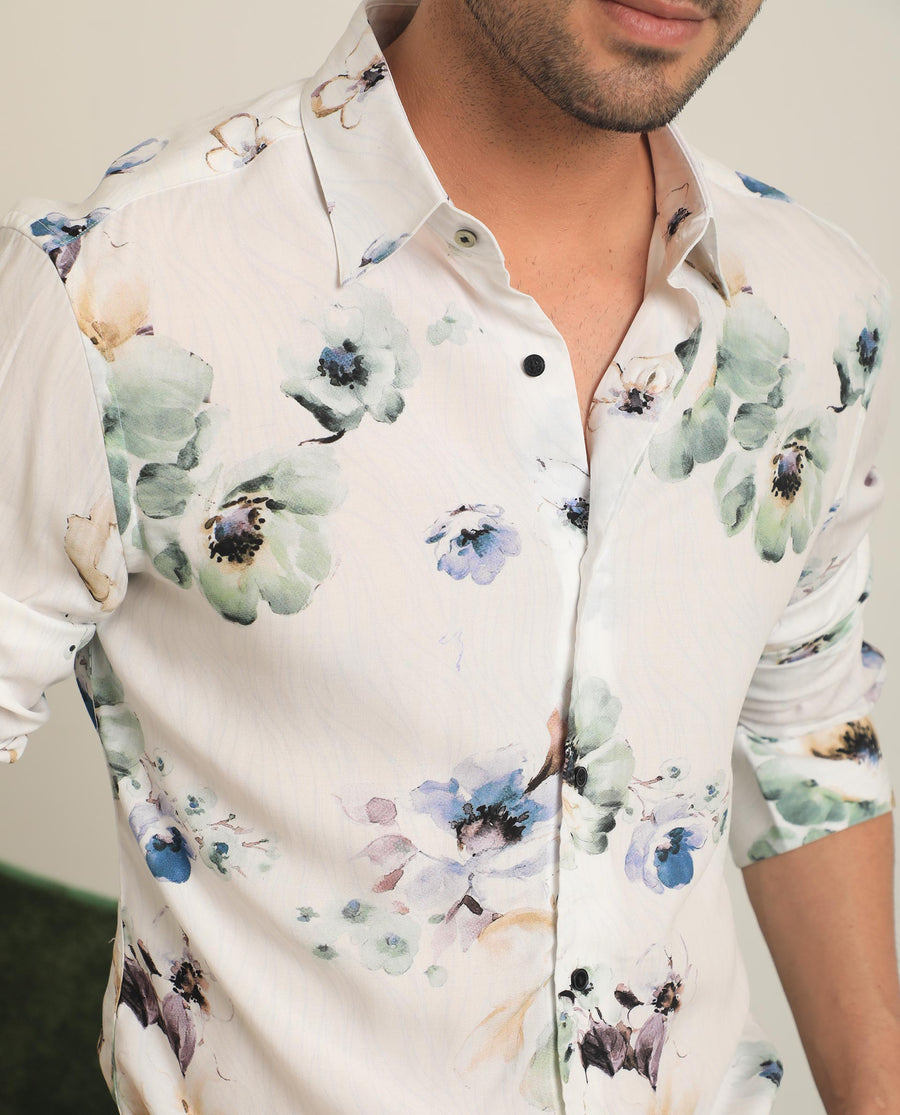 Rare Rabbit Men's Flowey White Viscose Floral Print Regular Fit Full Sleeve Collared Shirt