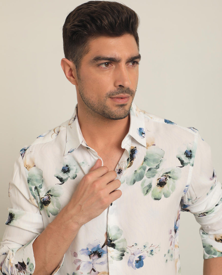 Rare Rabbit Men's Flowey White Viscose Floral Print Regular Fit Full Sleeve Collared Shirt